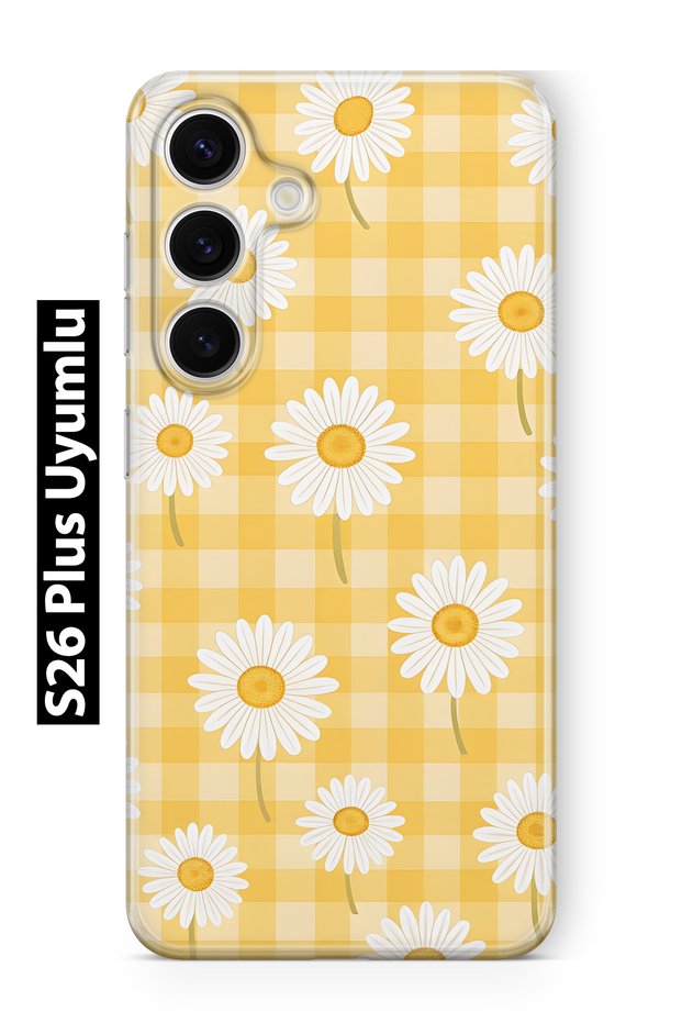 Samsung Galaxy S26 Plus Compatible Yellow Checkered Daisy Pattern Transparent Phone Case