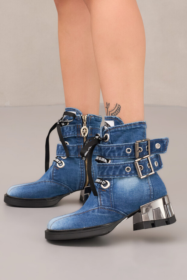 Women's Denim Summer Boots with Scarf and Buckle Details
