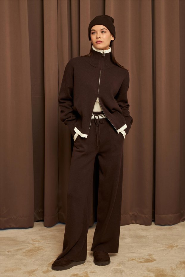 Women's Ecru Stripe Detailed Double Zipper Brown Knitwear Set