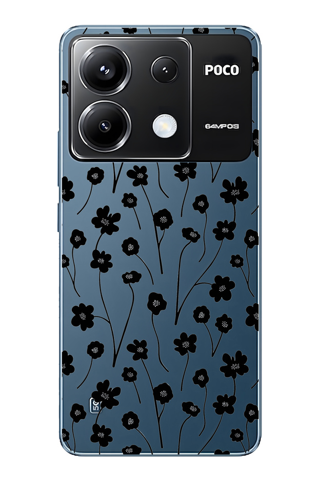 Poco X6 Pro Compatible Black Floral Pattern Transparent Phone Case