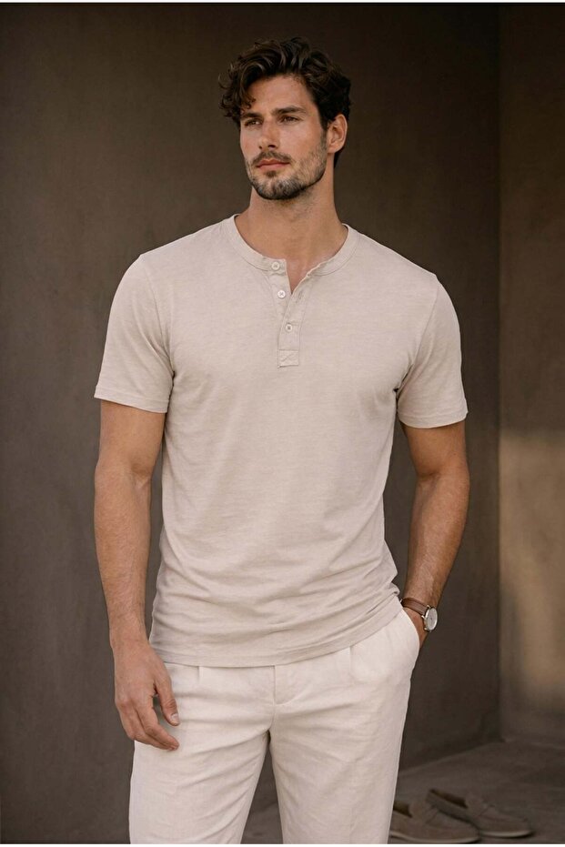 Edgar Regular Fit 3 Button Placket Supreme Fabric Dirty Collar Men's T-Shirt - Gravel