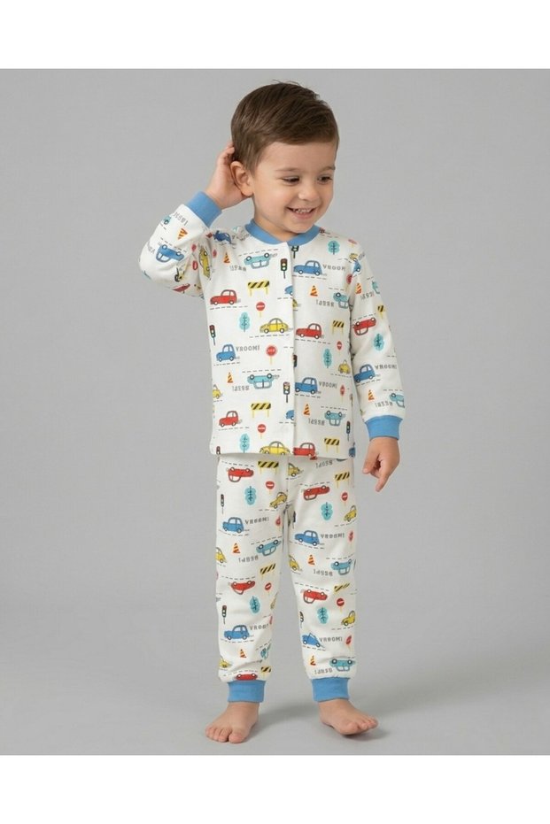 Boy's Snap Fastener Car Printed 0-6 Years Old 100% Cotton Seasonal Nightgown Pajama Set