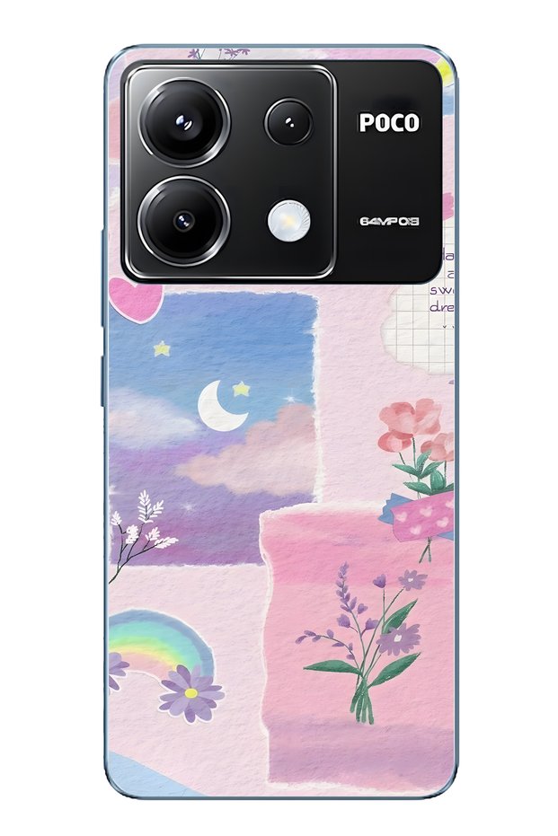 Poco X6 Pro Compatible Pastel Floral Moon and Rainbow Pattern Transparent Phone Case