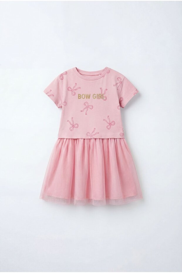 Girl's Cotton Green Bow Patterned Tulle Dress