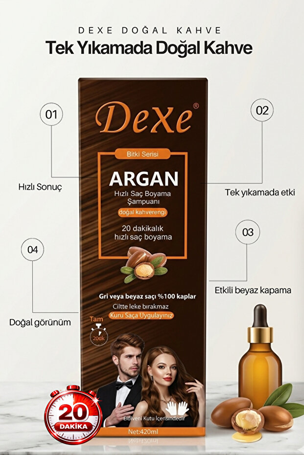 Dexe Argan Özlü Hızlı Saç Boyama Şampuanı Doğal Kahverengi 420 ml – 20 Dakikada %100 Beyaz Kapatma