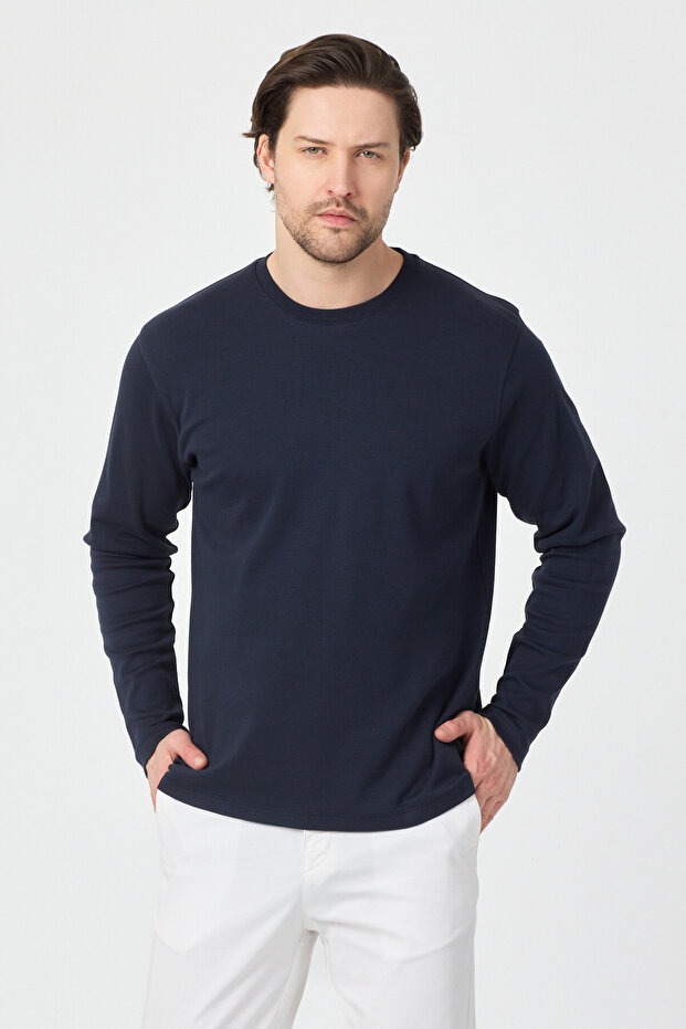 Jong Men's Navy Blue 100% Supima Cotton Stretch Fabric Regular Fit Long Sleeve Crew Neck Sweatshirt
