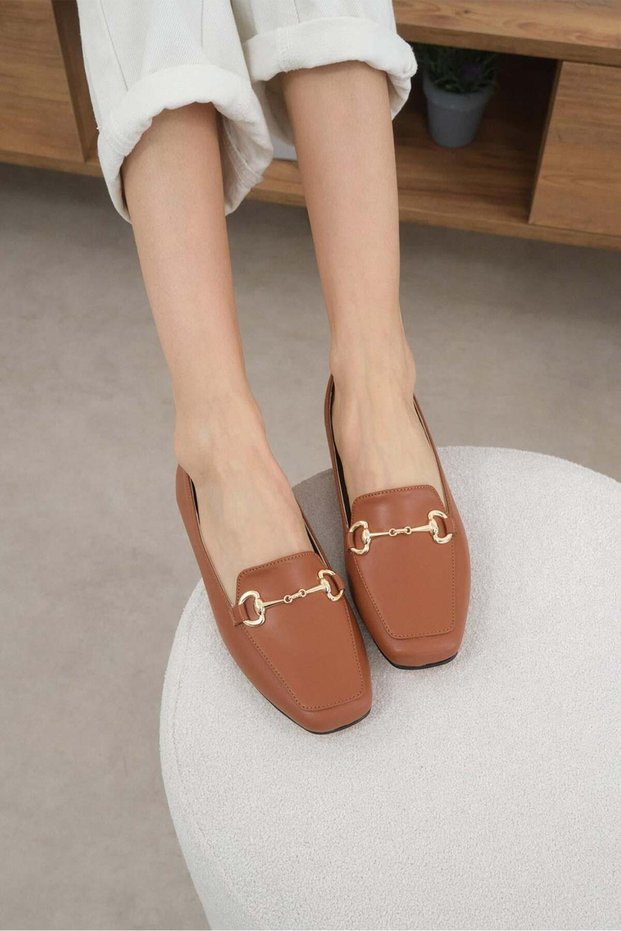 Kayra Tan Color Metal Buckle Women's Ballerinas