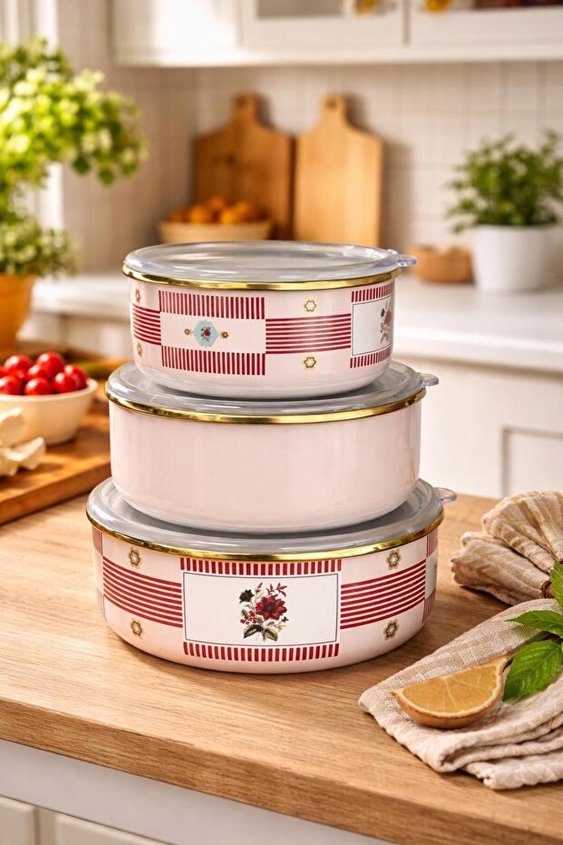 Enamel 3-Piece Storage Container Tkebt Red