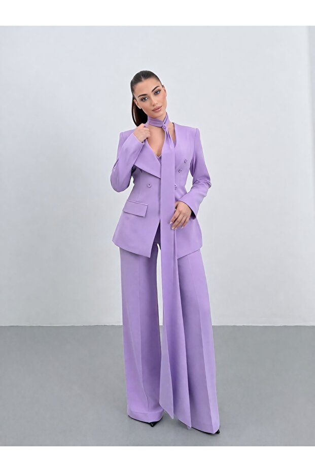 Halter Neck Premium Lilac Double-Breasted Jacket Set - 1
