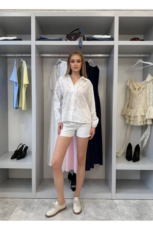 Women's White Broderie Shorts and Shirt Set