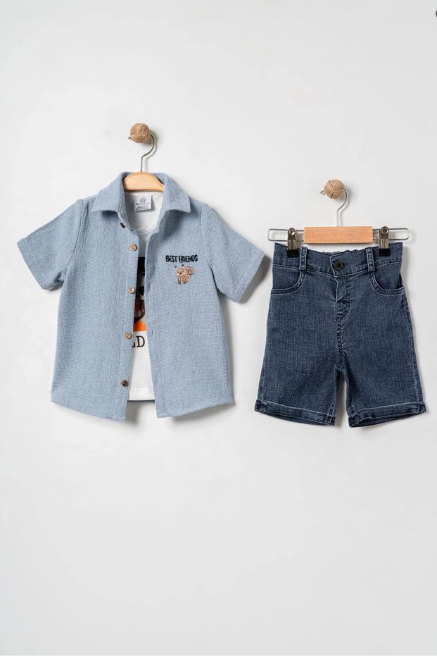 Baby Boy 100% Cotton Squirrel Embroidered Shirt, T-Shirt and Shorts Set - 6-24 Months