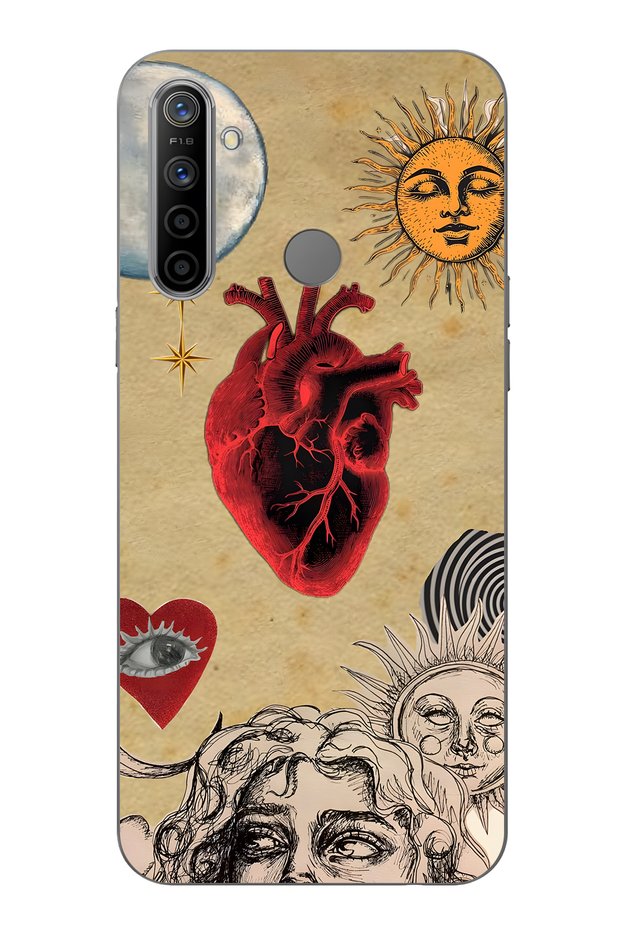 Realme 5I / 6I / C3 Compatible Sun and Heart Collage Pattern Transparent Phone Case