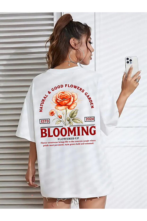 تي شيرت TREND FLOWERS MIX مطبوع من الخلف والأمام، تي شيرت أبيض أساسي كبير الحجم بأكمام قصيرة للجنسين