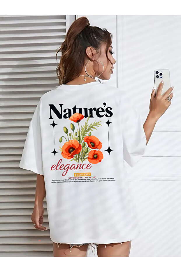 Trend Flowers Mix Back and Front Printed Premium Oversize Basic Short Sleeve Unisex White Tshirt