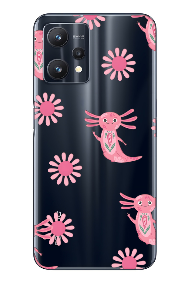Realme 9 Pro Compatible Pink Axolotl Patterned Transparent Phone Case
