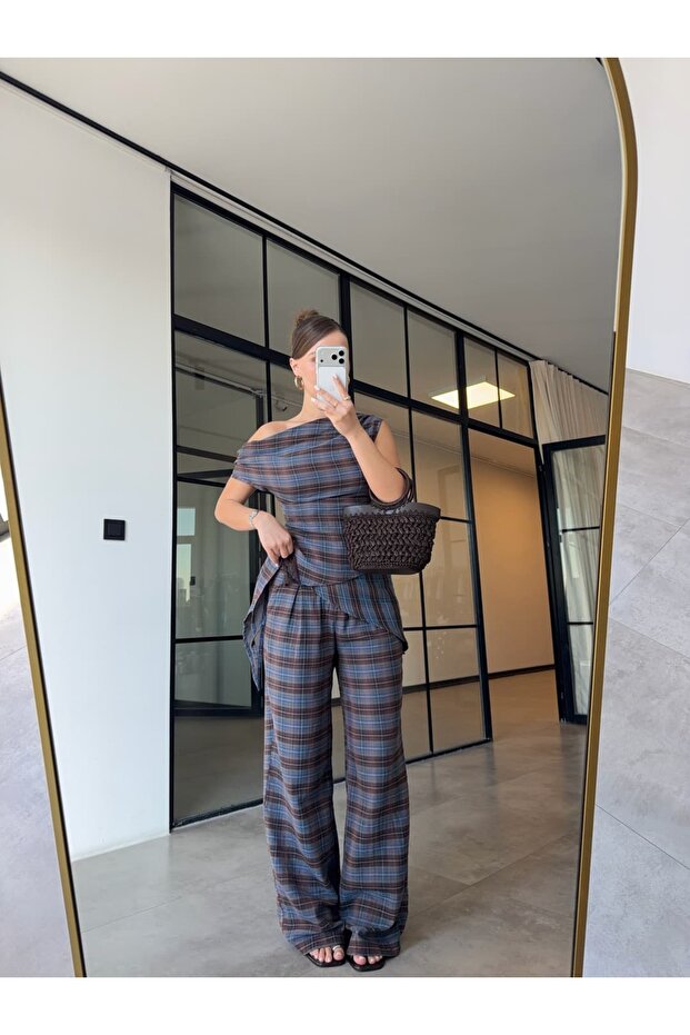 100% Cotton Muslin Plaid Pants with Shawl Indiigo