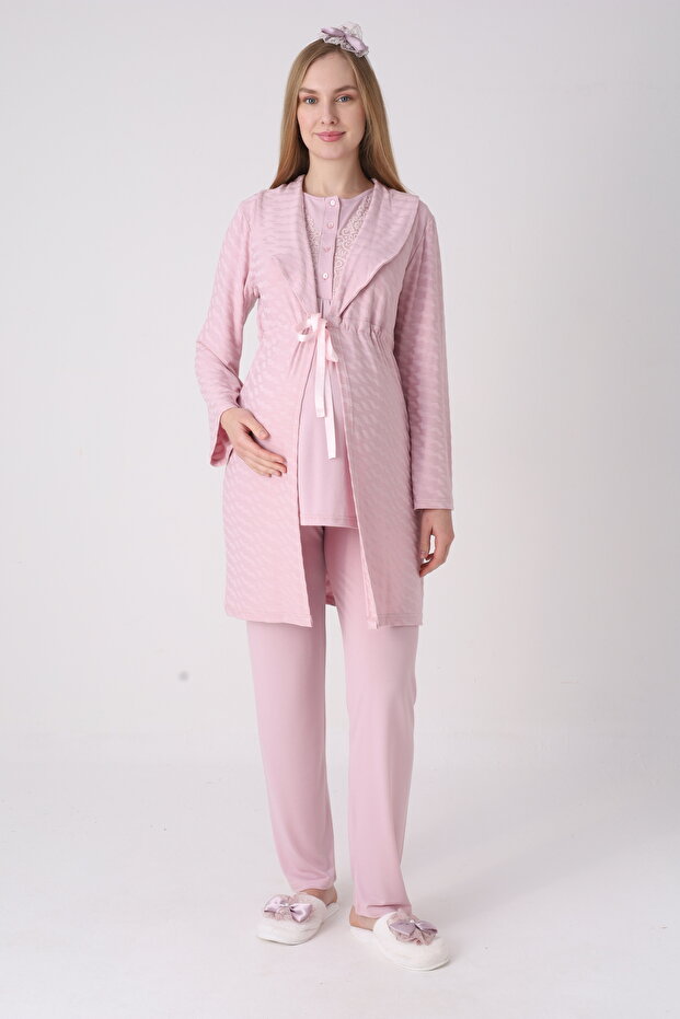 Set of 3: Cotton Maternity & Pregnancy Pajama Set with Lace Robe