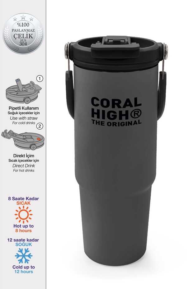 Gray Steel Thermos with Straw and Direct Drinking Feature 900 ml 38759