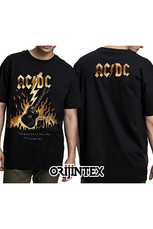 Ac Dc Guitar Front and Back Printed Unisex Black Tshirt