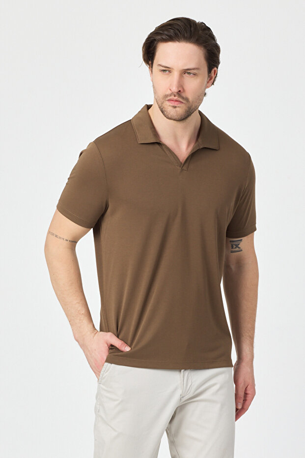 Vita Men's Brown Modal Fabric Slim Fit Flexible Polo Collar T-Shirt