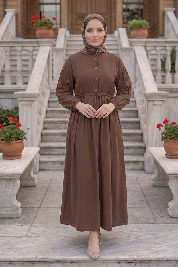 Waist Pleated Lace-Up Button Detailed Dress Brown Hnt0310