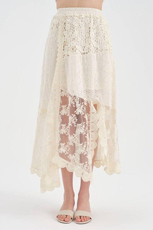 Women's Lace Detailed Linen Blend Design Long Skirt