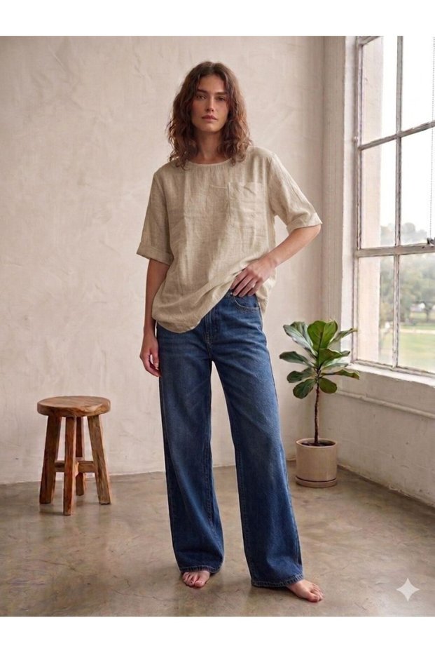 Women's Linen Blouse T-Shirt Single Pocket Women's Shirt