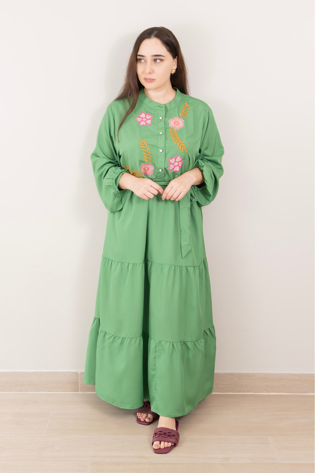 Green Casual Embroidered Tiered Maxi Dress