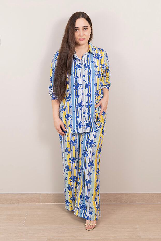 Soft Blue & Yellow Stripes and Floral Co-Ord Set