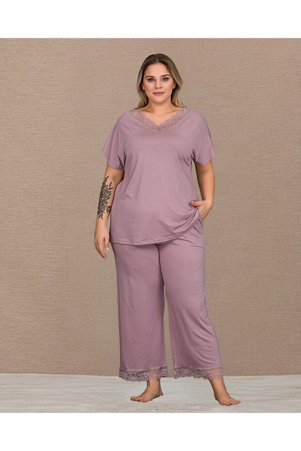 New Season Women's Dusty Rose V-Neck Design Short Sleeve Summer Plus Size (Oversize) Pajama Set