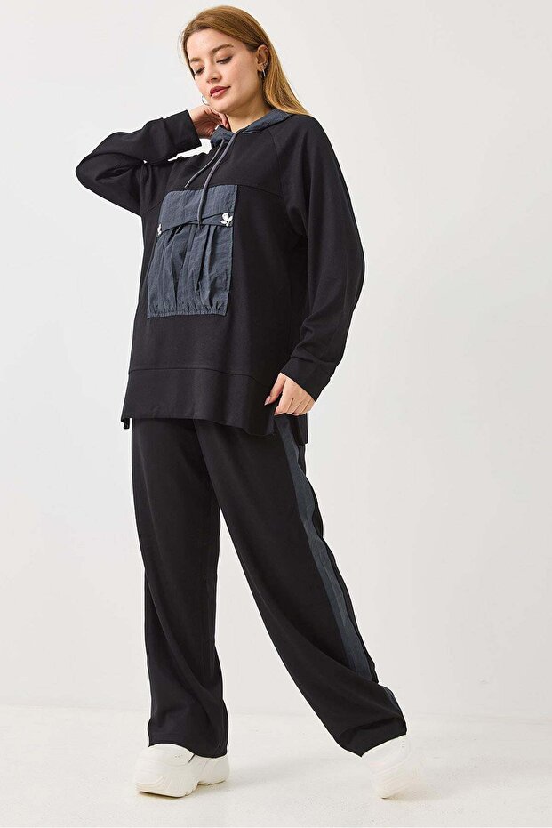 Women's Hooded Tracksuit Set with Front Pockets, Black