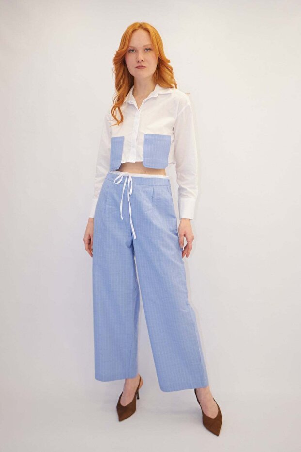 Pocket Detailed Striped Linen Suit Blue