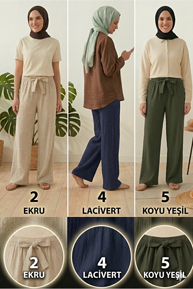 Women's Ecru Navy Blue Green 3-Pack Seersucker Elastic Casual Wide Leg Pants Set