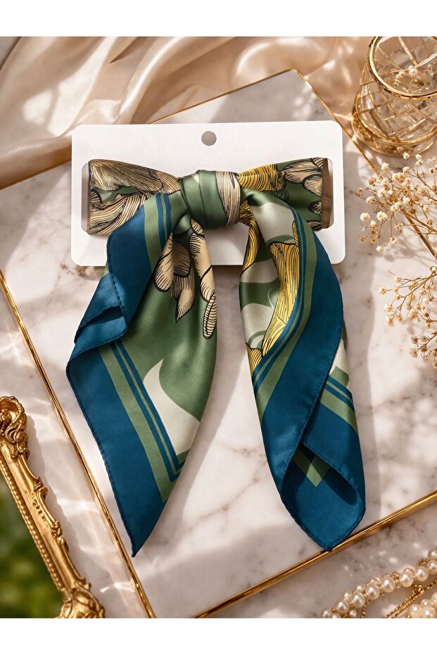 Hei Green Floral Patterned Silk-Look Casual Women's Accessory Scarf Foulard