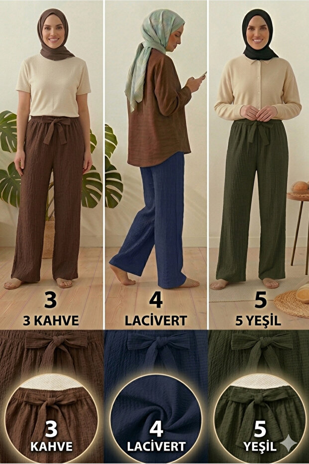 Women's Brown Navy Blue Green 3-Pack Seersucker Elastic Casual Wide Leg Pants Set