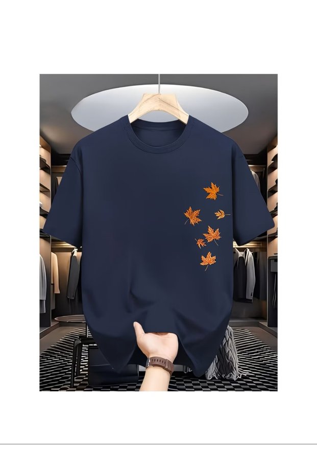 Maple Leaf Print T-Shirt - Short Sleeve Round Neck