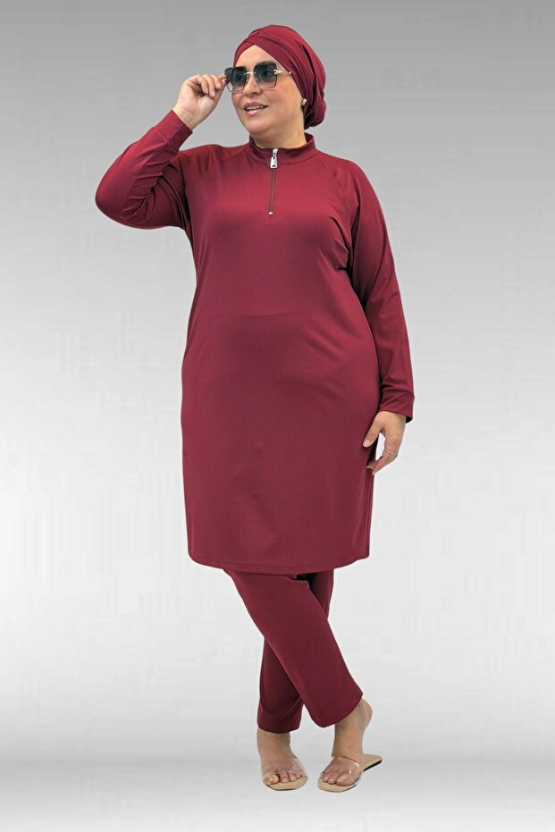 1732 Plus Size Turtleneck Zipper Swimsuit - Burgundy