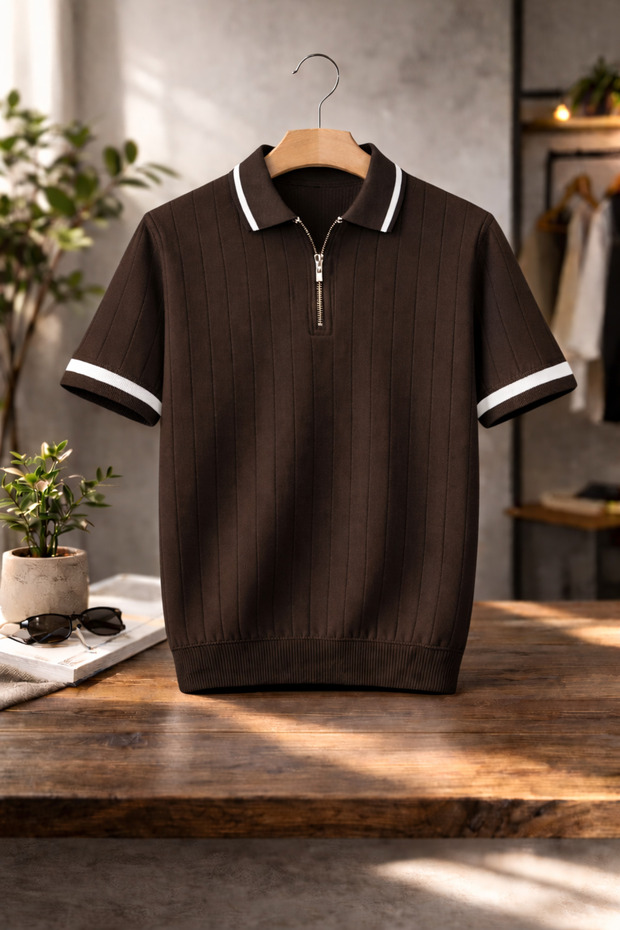 Men's Zipper Polo Collar Knitwear T-Shirt Short Sleeve Summer Slim Fit Stylish Casual Top