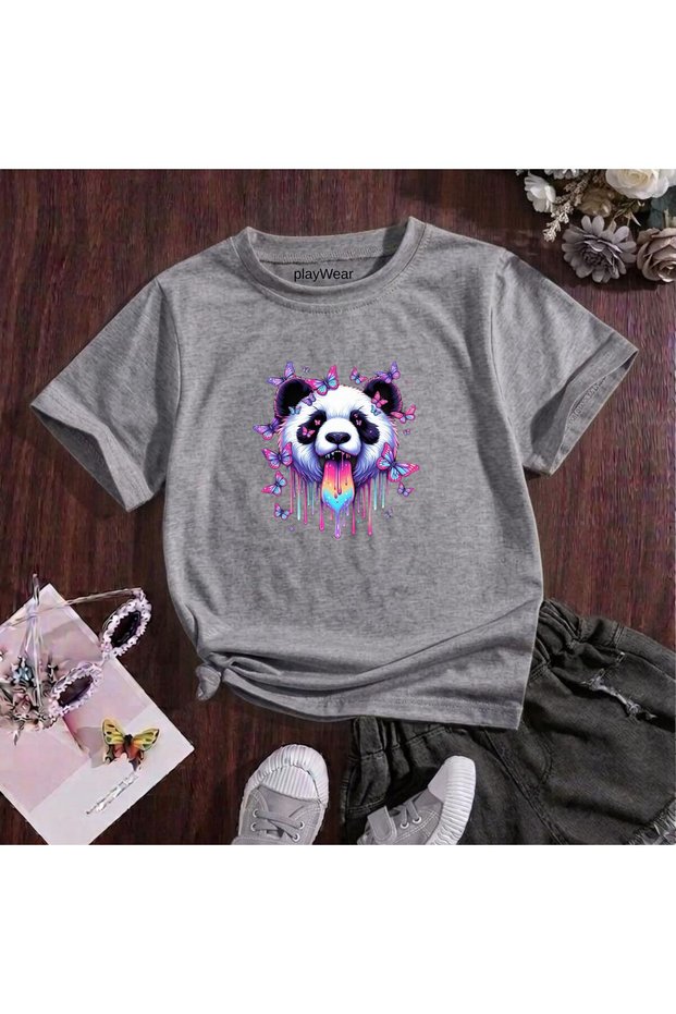 Butterfly Panda Printed 100% Cotton Crew Neck Kids Unisex T-Shirt 5 6 -7 8-9 10 -11 12 Years Old
