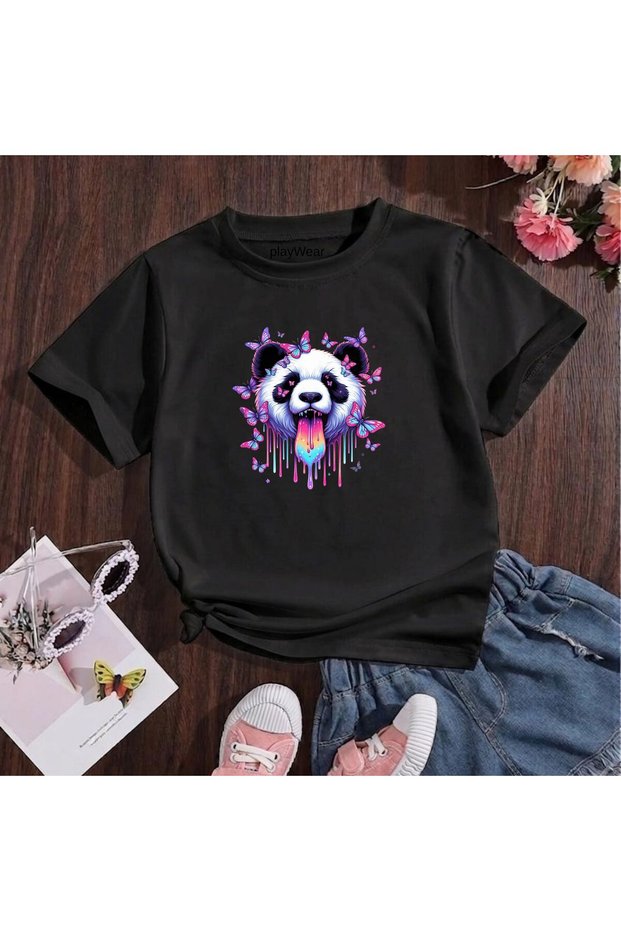 Butterfly Panda Printed 100% Cotton Crew Neck Kids Unisex T-Shirt 5 6 -7 8-9 10 -11 12 Years Old
