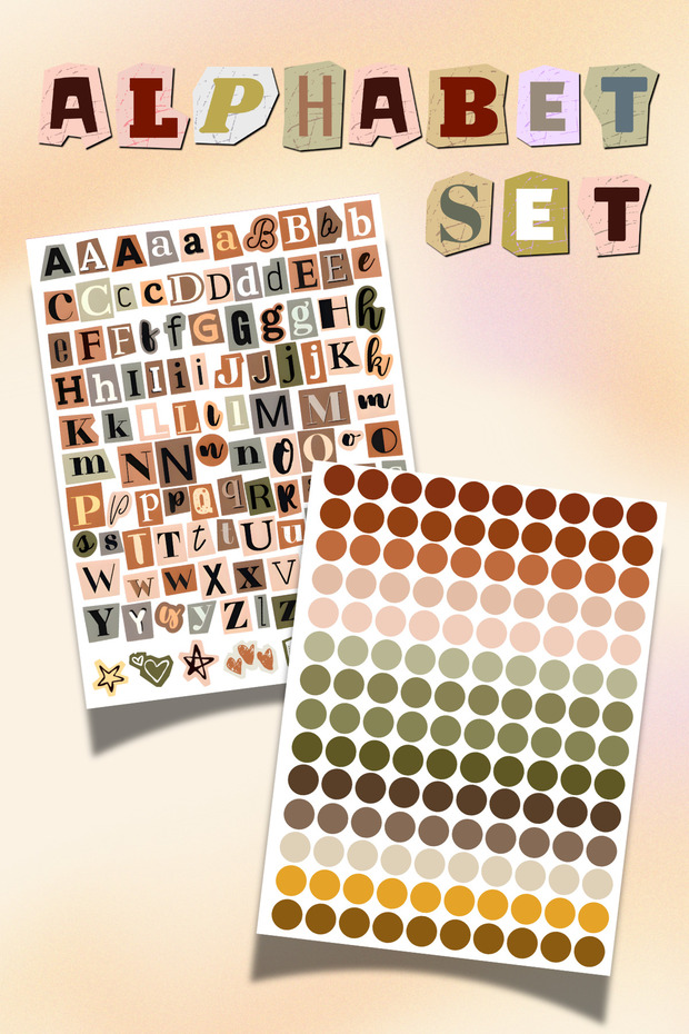 Alphabet and Dot Themed Sticker Set 10X20 cm for Bullet Journal and Scrapbook