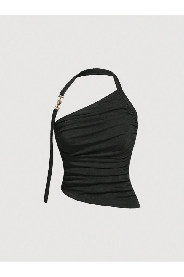 Black Asymmetrical Collar Metal Buckle Crop Blouse Women's Stylish Blouse with Side Ruching Detail, One-Shoulder Gold Accessory