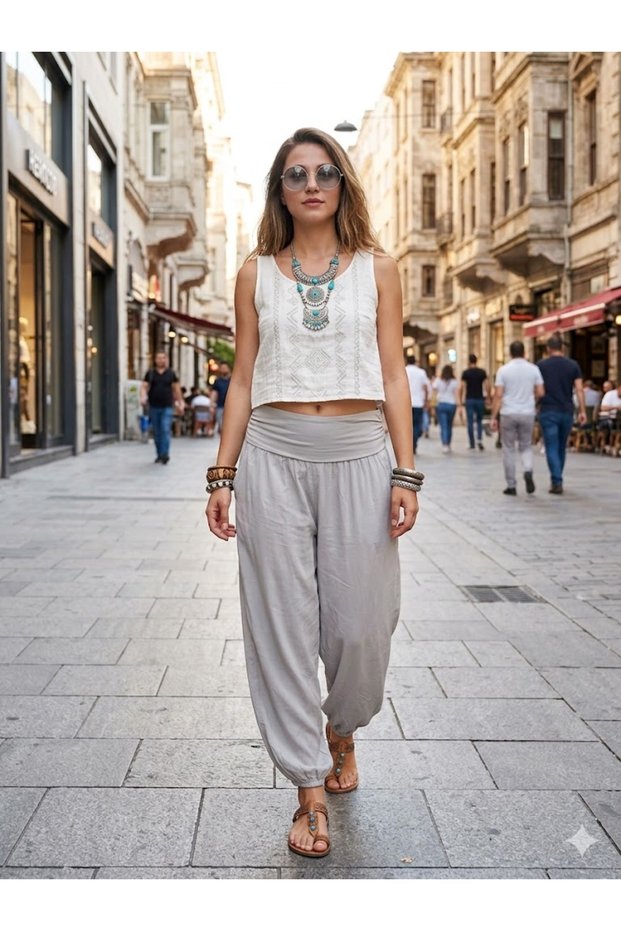 Women's Italian Mink Plain Patterned Viscose Loose Shalwar Trousers with Elastic Waist and Cuffs