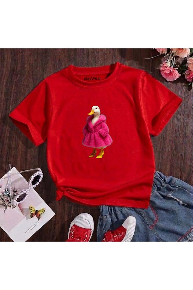 Pink Furry Duck Printed 100% Cotton Crew Neck Kids Unisex T-Shirt 5 6 -7 8-9 10 -11 12 Years Old