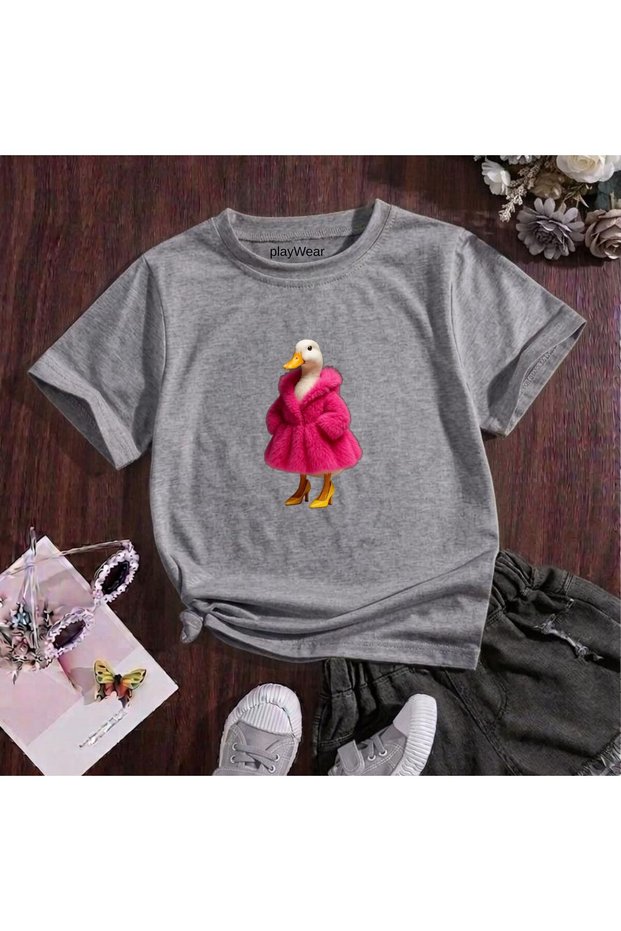 Pink Furry Duck Printed 100% Cotton Crew Neck Kids Unisex T-Shirt 5 6 -7 8-9 10 -11 12 Years Old