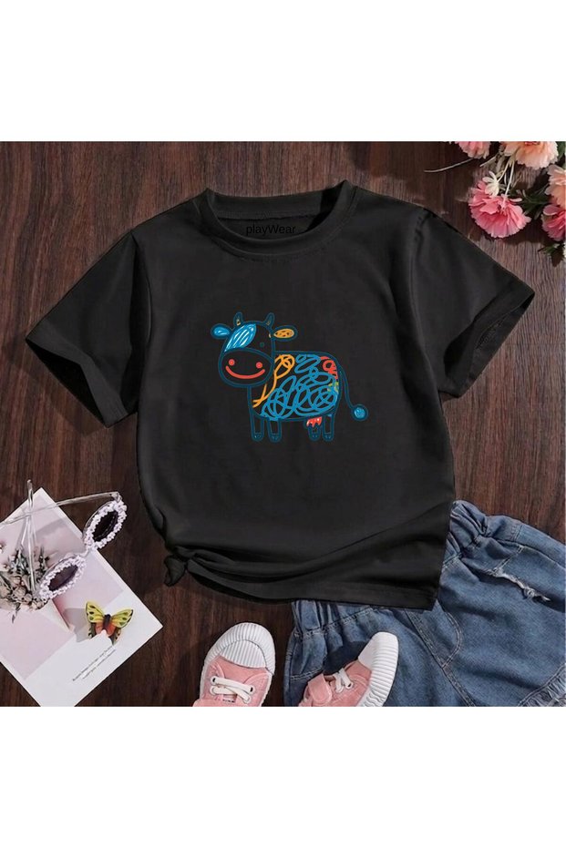 Line Drawing Cow Printed 100% Cotton Crew Neck Kids Unisex T-Shirt 5 6 -7 8-9 10 -11 12 Years Old