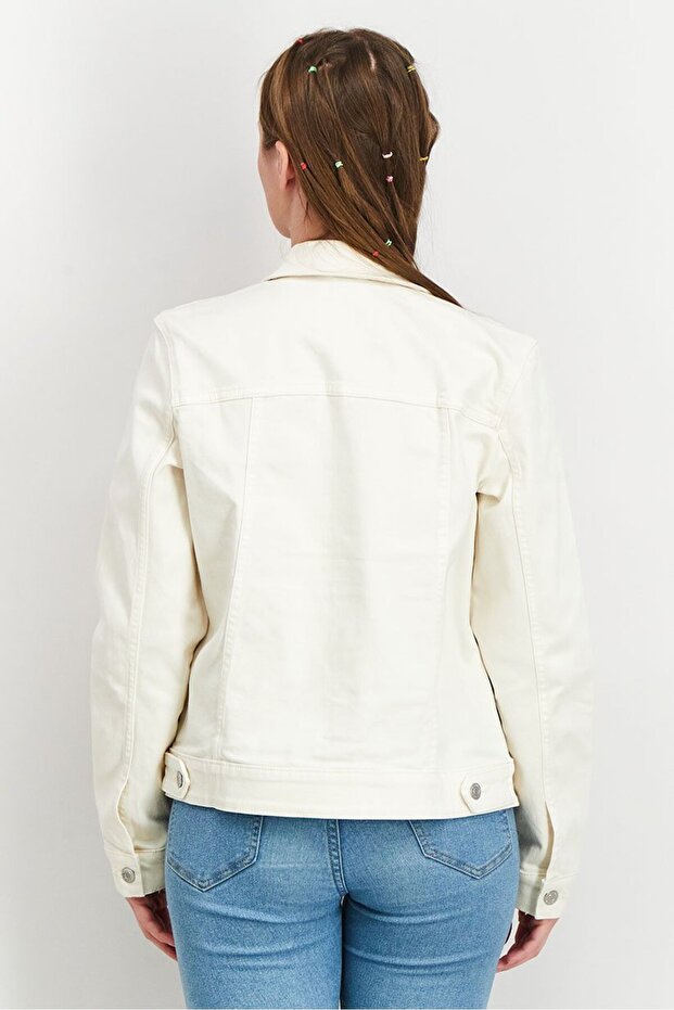Women Solid Denim Jacket, Off White - 2