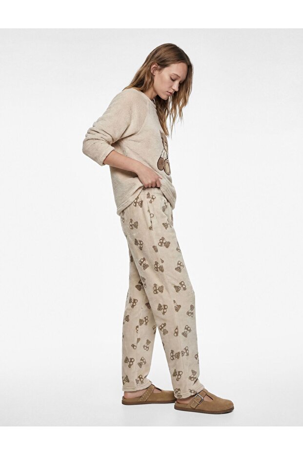 Long Sleeve Crew Neck Teddy Bear Detailed Fleece Pajama Set