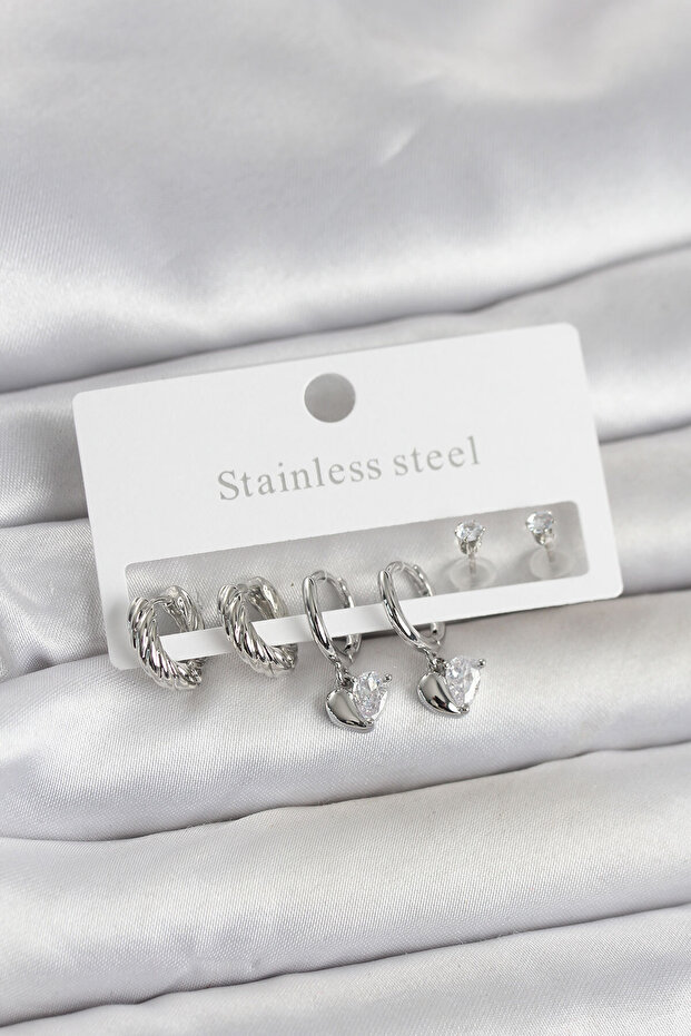 Silver Color Heart Detailed Women's Earring Set - Ebj260404W41655
