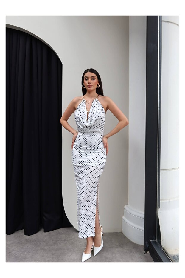 Polka Dot Halter Neck Slit Midi Dress